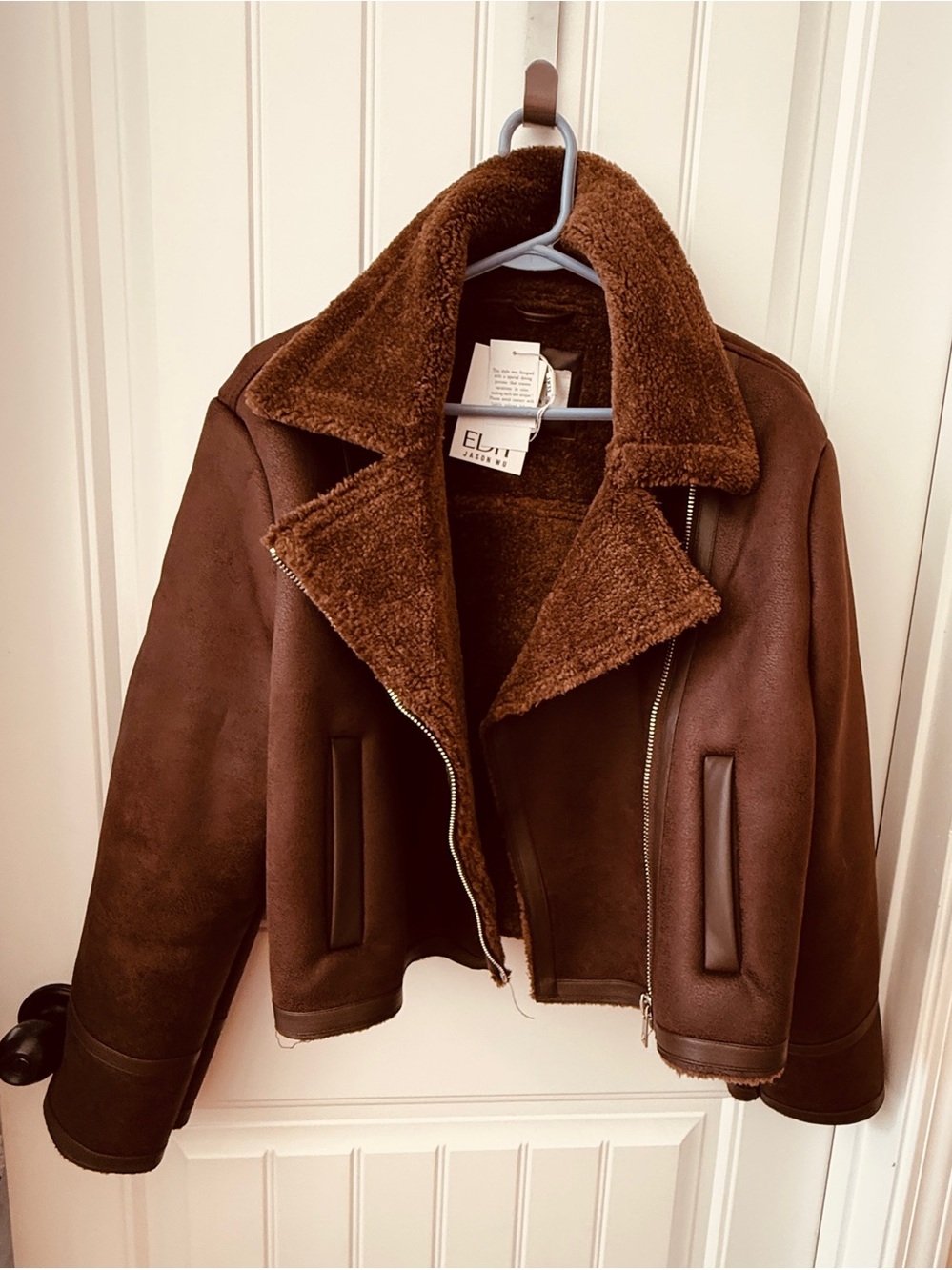 JASON WU Faux Vegan Leather/Faux Shearling Crop Moto Jacket - Sz L NEW